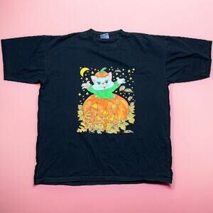 VINTAGE 90s Halloween Cat Pumpkin T-Shirt Size XL Retro Graphic Cottage Granny